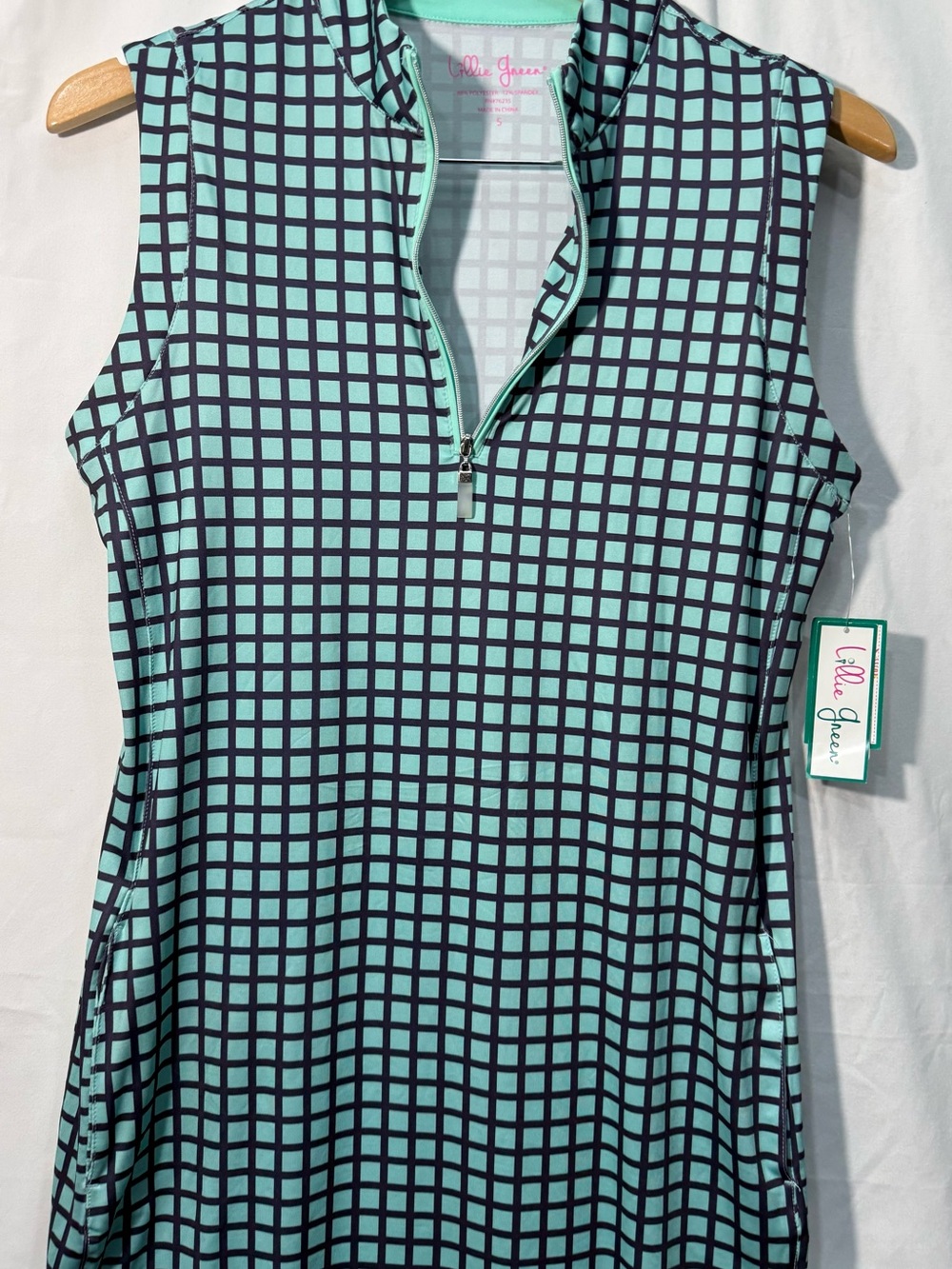 Lillie Green Womens S Golf Dress NWT Sleeveless 1/4 Zip Aqua Navy Geometric